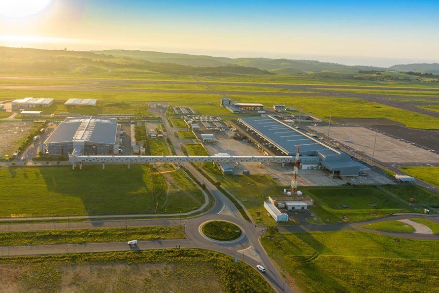 Aerial view of Dube TradeHouse (left), within Dube TradeZone, connected to Dube Cargo Terminal (right)